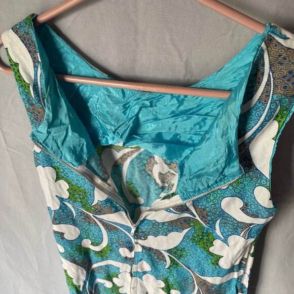 Vintage '70s FLORAL DRESS Homemade - Blue Green White Brown One Of Kind - Size 8 - Picture 3 of 3